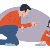 Sobre fundo branco, ilustração de um homem adulto, o pai, gritando com uma criança, a filha. Ambos têm a pele clara e usam roupa azul e laranja. Eles têm o cabelo preto e estão no chão. A menina está sentada e o pai está ajoelhado, apontando o dedo para ela.